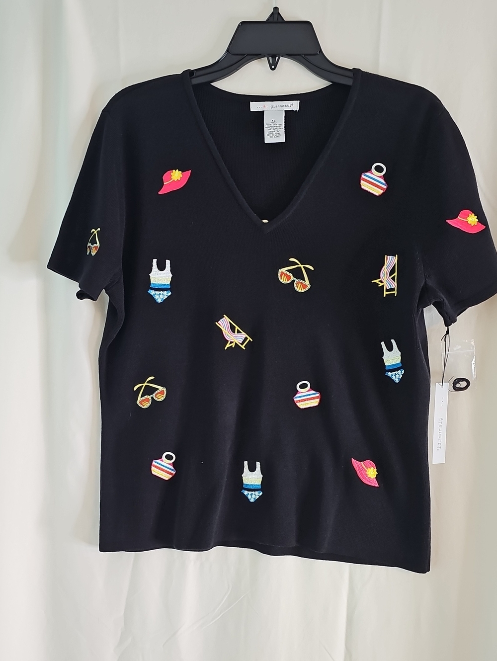 A. Giannetti Black V-Neck Tee with Colorful Beach Embroidery